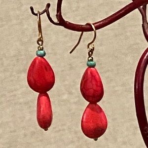 Double red coral teardrop earrings